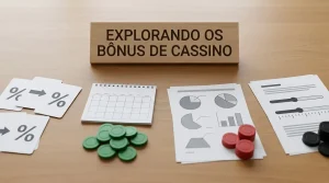 Mesa editorial com fichas abstratas, calendário, percentagens genéricas e cartões de condições organizados lado a lado.