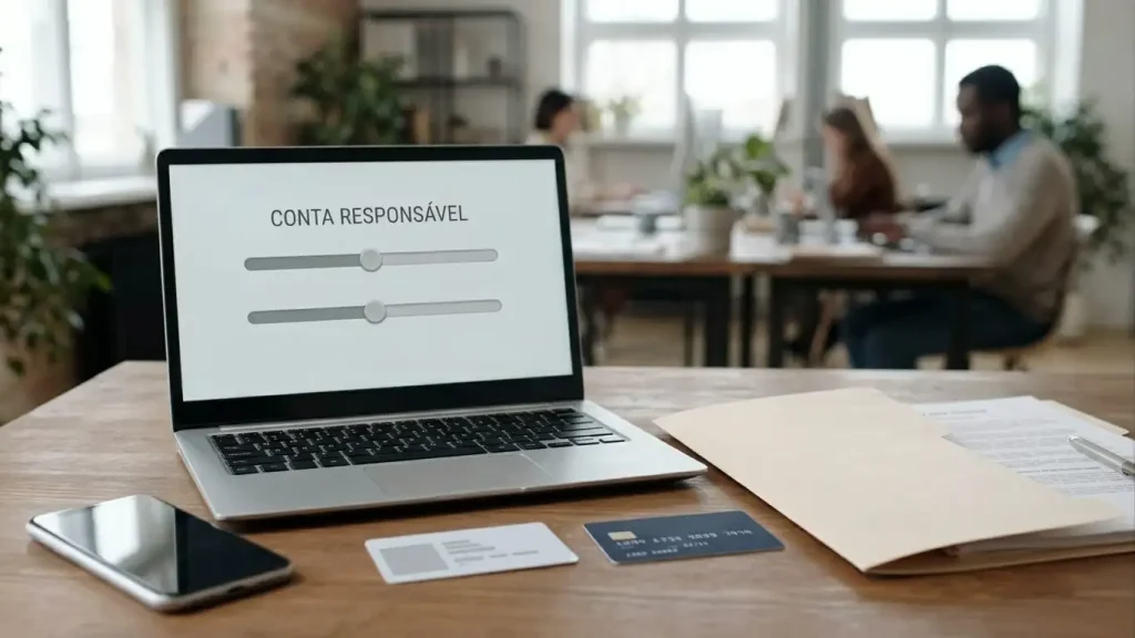 Secretária com portátil, telemóvel, documento de identidade sem dados legíveis e controlos de limites numa interface neutra.