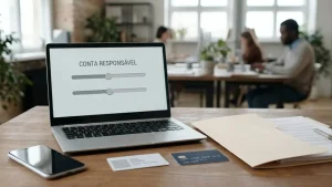 Secretária com portátil, telemóvel, documento de identidade sem dados legíveis e controlos de limites numa interface neutra.