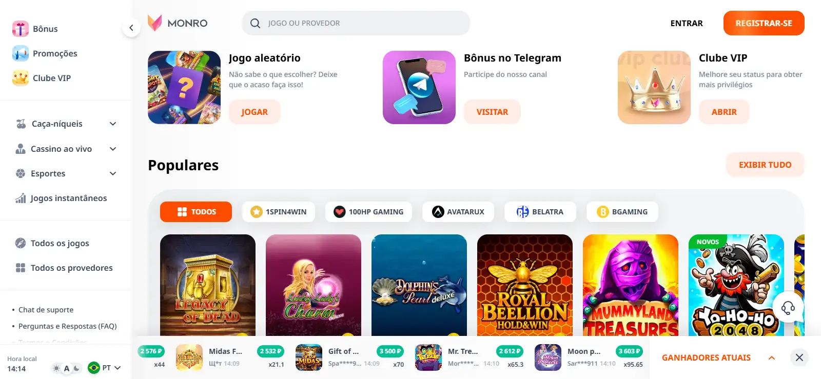 Captura da página inicial da Monro Casino com navegação e categorias de casino visíveis.