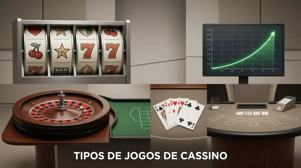 Composição editorial com rolos abstratos, mesa de cartas, roleta e ecrã de dealer ao vivo em áreas separadas.