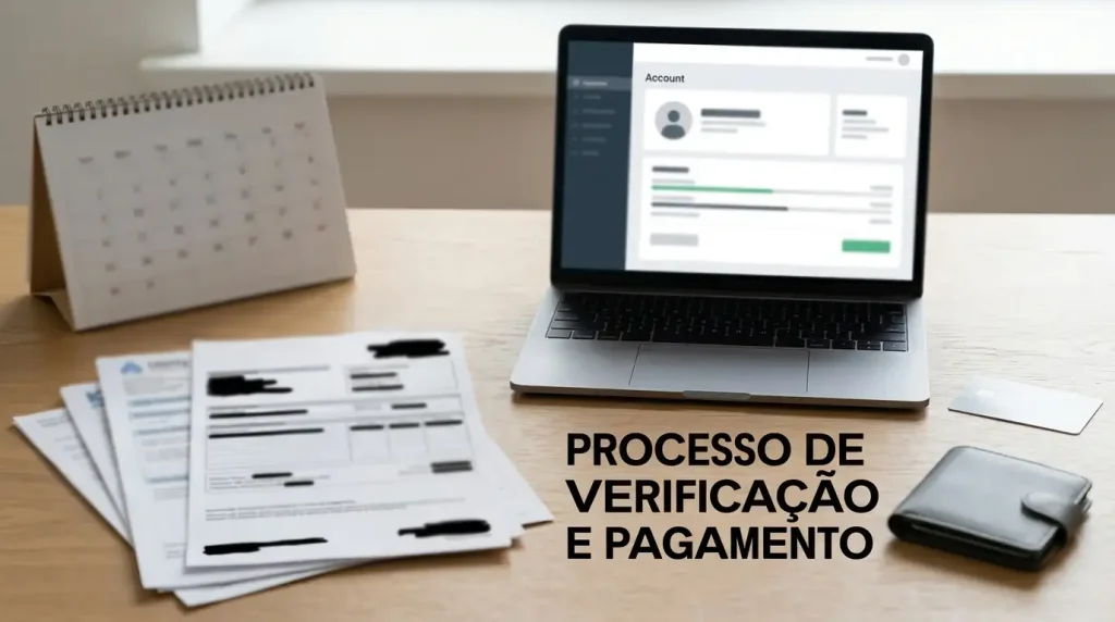 Painel financeiro abstrato com etapas de verificação, calendário e transferência entre conta e carteira digital.