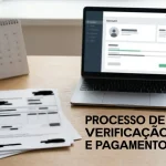 Painel financeiro abstrato com etapas de verificação, calendário e transferência entre conta e carteira digital.