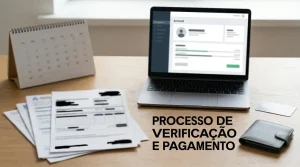 Painel financeiro abstrato com etapas de verificação, calendário e transferência entre conta e carteira digital.