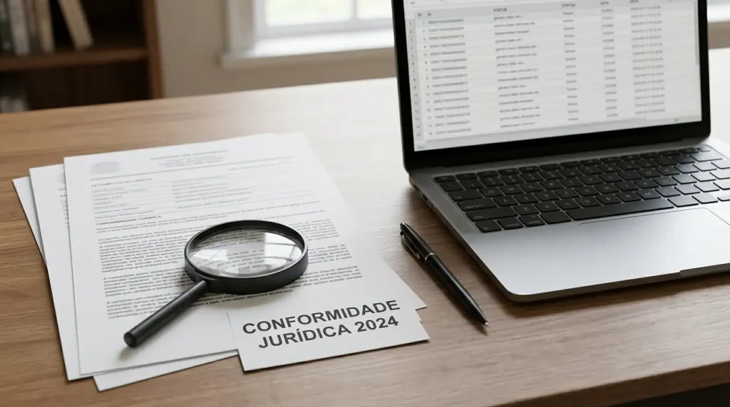 Documentos regulatórios, um portátil e uma lupa sobre uma mesa de trabalho.