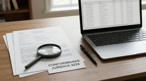 Documentos regulatórios, um portátil e uma lupa sobre uma mesa de trabalho.