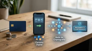 Cartão bancário, telemóvel e elementos digitais ligados por um fluxo de pagamento sobre uma secretária.