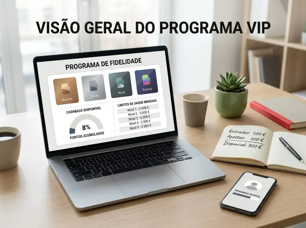 Quatro cartões de níveis de fidelização ao lado de uma tabela de limites e de um indicador de cashback num ecrã de portátil.