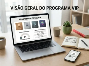 Quatro cartões de níveis de fidelização ao lado de uma tabela de limites e de um indicador de cashback num ecrã de portátil.