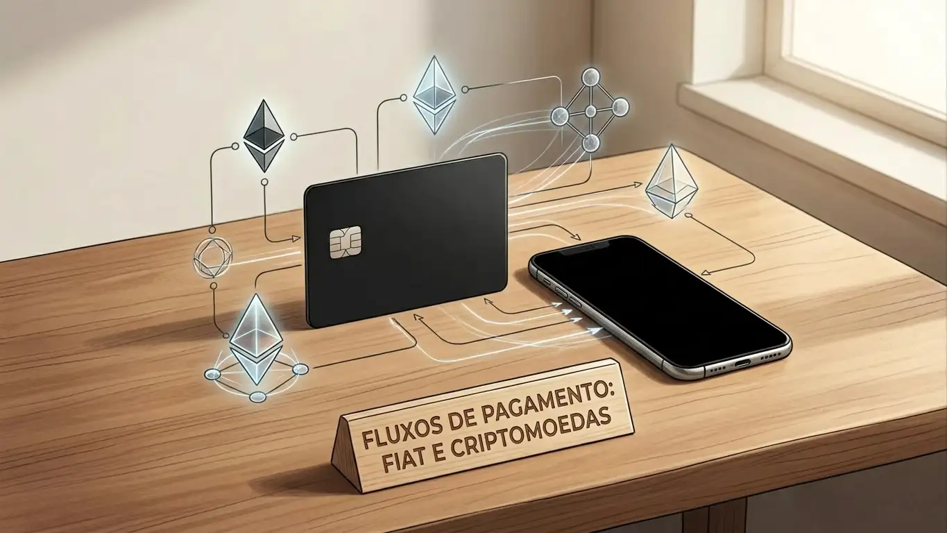 Cartão genérico, telemóvel e símbolos digitais ligados por linhas sobre uma secretária.
